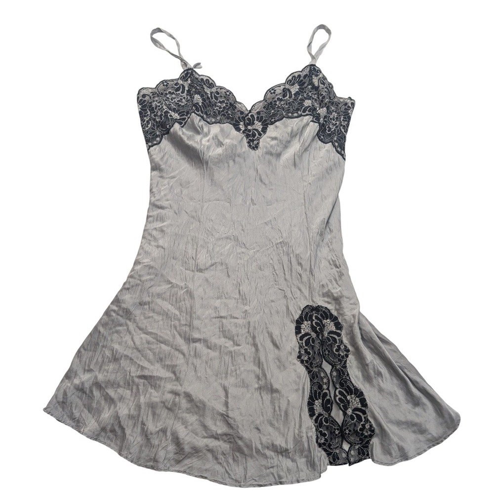 Vintage Victoria's Secret Silk Slip Dress Womens L Grey Black Lace Trim V-Neck